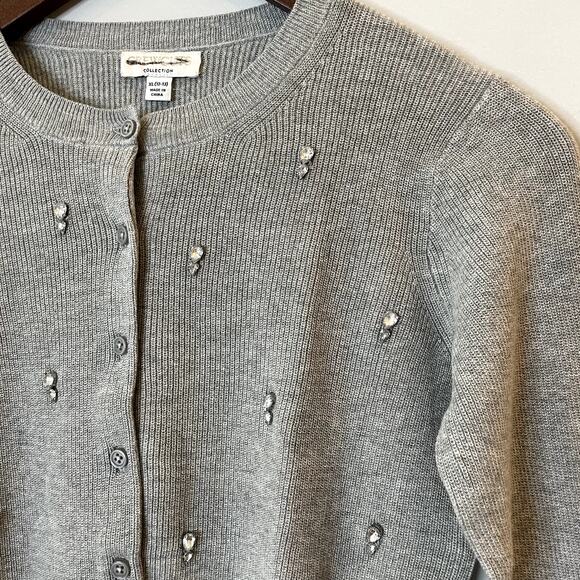 J.Crew Collection Embellished Cardigan Sweater Cotton Holiday CD379 Grey 12 13 - Picture 1 of 14